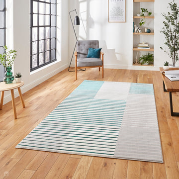 Apollo 2681 Modern Geometric Striped Linear Blocks Distressed Metallic Shimmer High-Density Textured Low Profile Short-Pile Grey/TealGreen/Cream Rug-Think Rugs-Rug Love - The Most Loved Rug Store